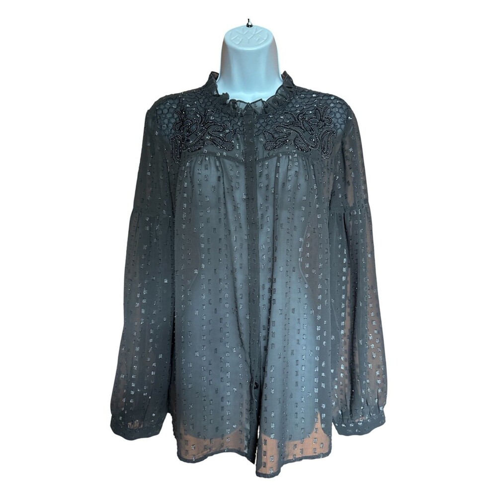 Chico's Gray Semi-Sheer Embroidered Beaded Blouse Metallic Dot Size 2/ Large